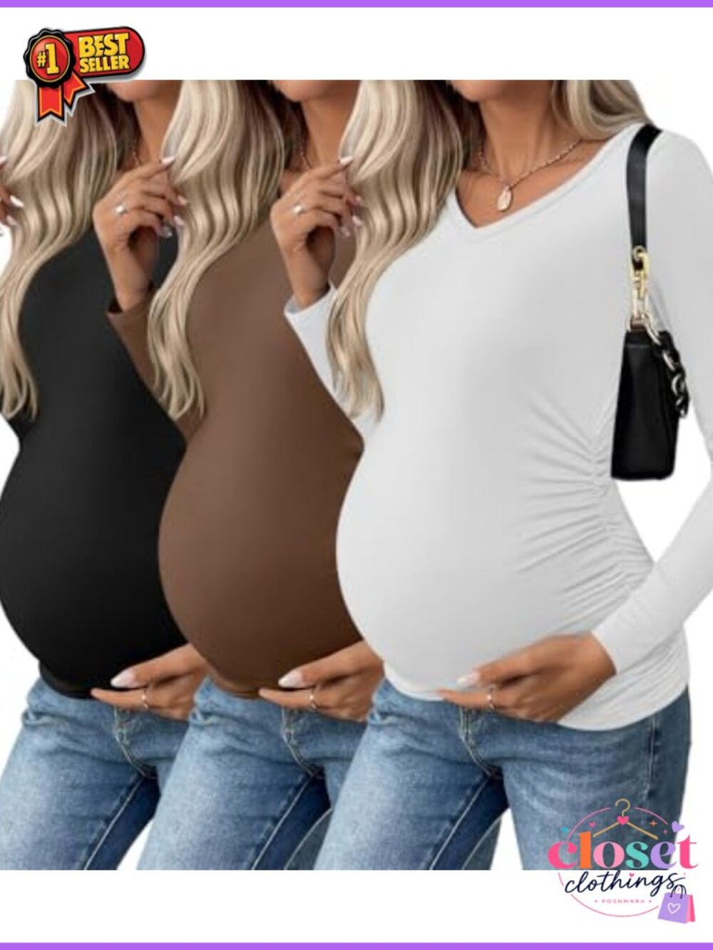 Maternity Long Sleeve V-Neck Tops 3 Pack Ruched Pregnancy Shirts